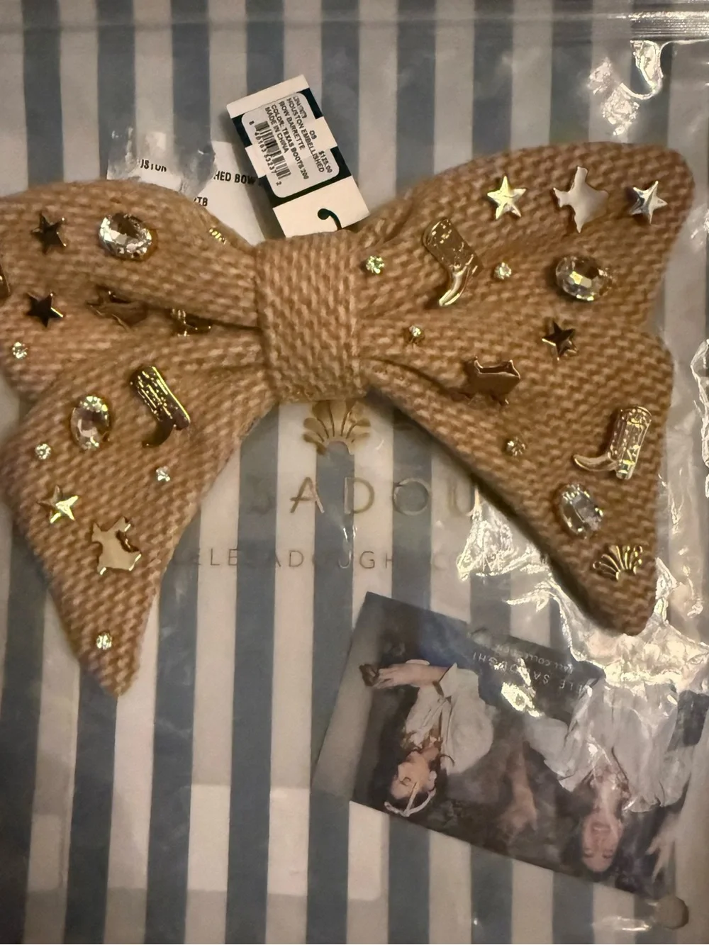 Lele Sadoughi, NWT, Woven Bow Barette Hair Clip in Tan, Texas Boots